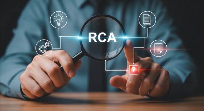 Discovering root causes with a magnifying glass and digital icons, symbolizing problem-solving and analytical processes for business improvement.