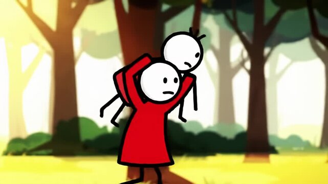 Cartoon style stick figures one in red carrying another through sunlit woods