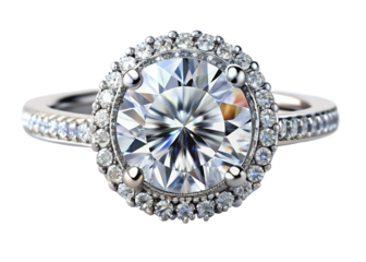 Close up of an elegant diamond ring with a halo setting isolated on transparent background, perfect for engagement, wedding, or anniversary gift
