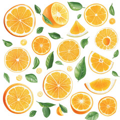Obraz premium Watercolor illustration of juicy orange slices, leaves, and zest, perfect for food-related designs and healthy lifestyle visuals. The composition is arranged on a white background.