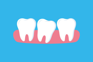 Three White Teeth in Pink Gums on Blue Background, Dental Health Concept