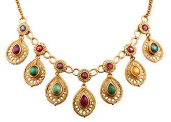 Vintage gold necklace with colorful gemstones isolated on transparent background, a luxurious and elegant accessory for fashion and style