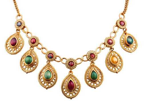 Vintage gold necklace with colorful gemstones isolated on transparent background, a luxurious and elegant accessory for fashion and style