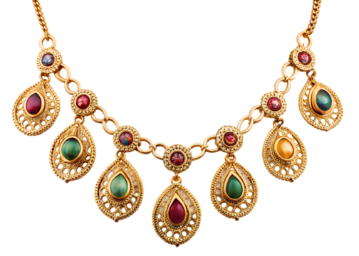 Vintage gold necklace with colorful gemstones isolated on transparent background, a luxurious and elegant accessory for fashion and style