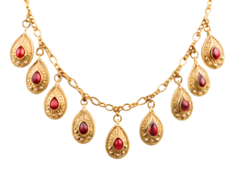 Elegant gold necklace with ruby gemstones isolated on transparent background, a luxurious and ornate vintage jewelry piece for a stylish woman