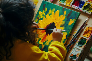 Child's Artistic Expression: Painting a Sunflower on Green Canva