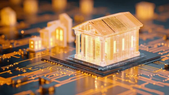 A glowing, wireframe neoclassical building sits on a circuit board, with other illuminated structures blurred in the background