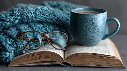 Teal knitted throw, eyeglasses, and a mug of coffee on an open book.