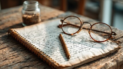 Vintage notebook with handwritten notes and eyeglasses.