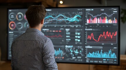 Analyst studies complex financial data visualizations on a large multi panel digital display