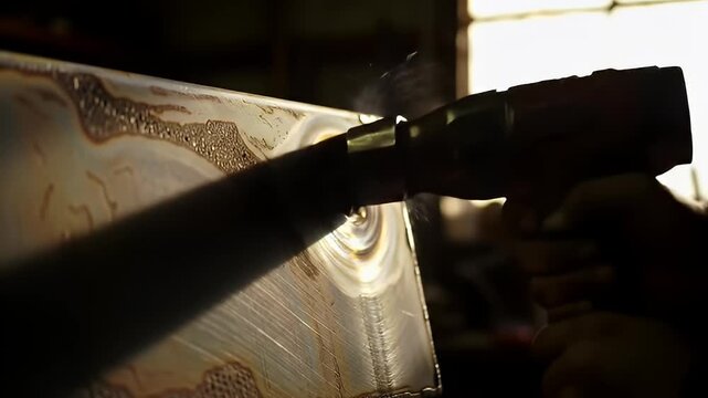 Metal sheet with etched circular pattern and textural surface in warm-lit workshop
