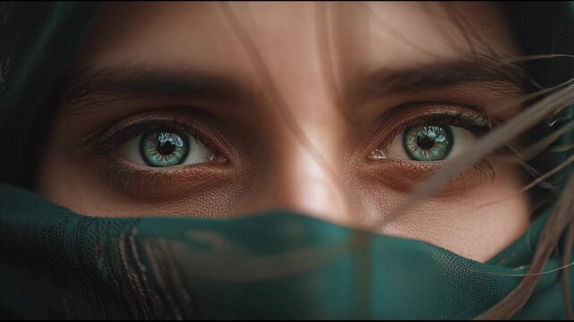 Detailed close up of an Arabic woman wearing a niqab and veil, symbolizing modesty and cultural beauty in the Muslim world