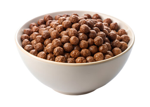 A bowl full of chocolate cereal balls isolated on transparent background, a delicious and crunchy breakfast or snack for any time of the day