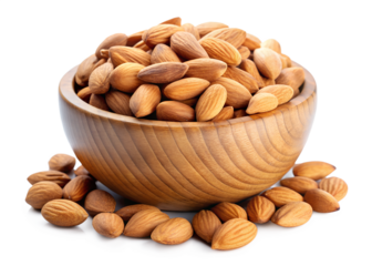 A bowl full of almonds isolated on transparent background, a healthy and delicious snack for any time of the day, perfect for vegetarians