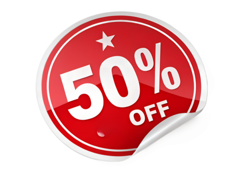 Red sticker with 50 off isolated on transparent background for sale discount promotion and special retail price offer advertising and marketing campaign