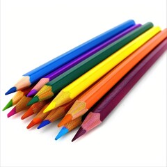 Colorful pencils in a cluster, various shades, leaning on a white background