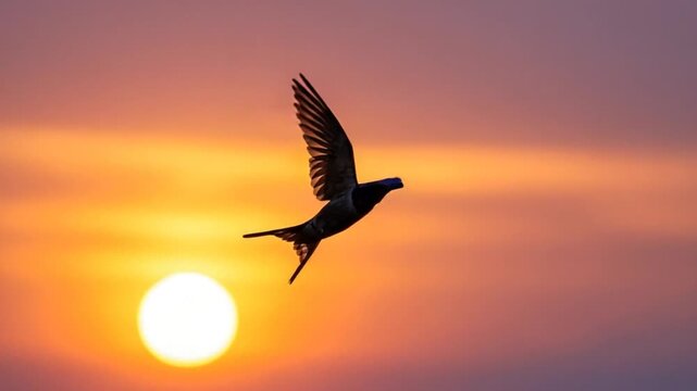 Captivating flight sequence of a swallow silhouetted against a vibrant orange sunset Sky