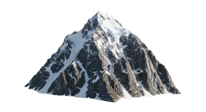 Majestic snow-capped mountain with transparent snow and dark, rugged rock formations, isolated against a seamless transparent background with copy space, high-key studio shot, concept of nature's