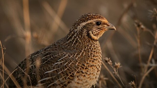 Close-up Glimpse of a Northern Bobwhite Quail Amidst Dried Grasses in Serene Golden Hour Light