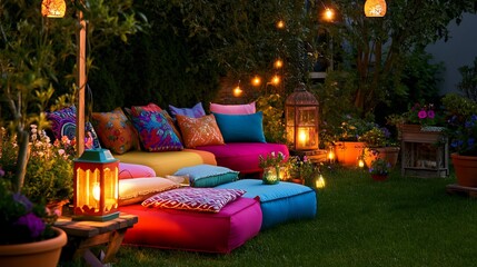 Colorful garden corner with vibrant cushions and a bohemian style seating area on the grass surrounded by potted plants lanterns and fairy lights creating a cozy inviting atmosphere