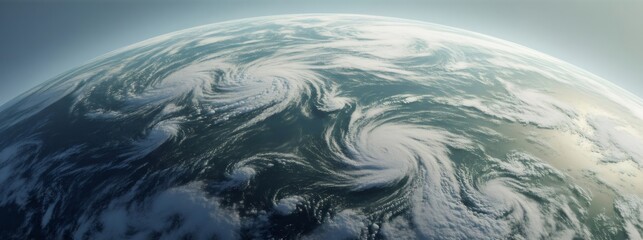 Planet Earth rotating showing swirling clouds and cyclones from space