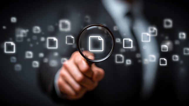 Business professional uses magnifying glass to examine digital document icons in a data analysis concept - Powered by Adobe
