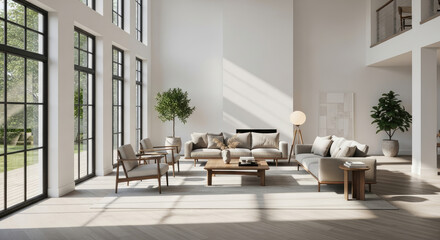 Sunlit modern living room with large windows, beige furniture, and potted plants.