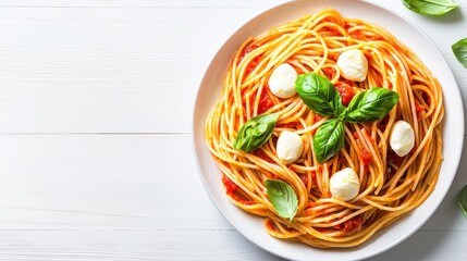 A vibrant plate of spaghetti topped with mozzarella and fresh basil, showcasing a delicious Italian dish on a light-colored wooden table.