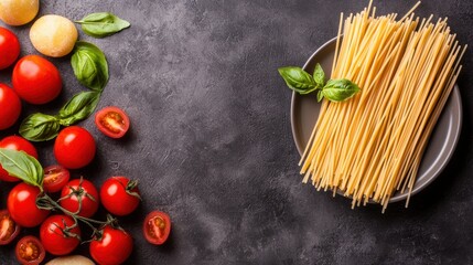 A vibrant display of fresh tomatoes, basil leaves, and spaghetti, showcasing the ingredients for a delicious Italian dish.
