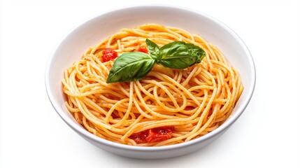 A bowl of spaghetti with tomatoes and fresh basil, showcasing a delicious and inviting Italian dish.