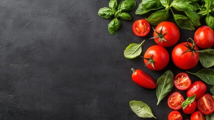 Fresh tomatoes and basil on a dark surface, showcasing vibrant colors and textures, perfect for culinary presentations.