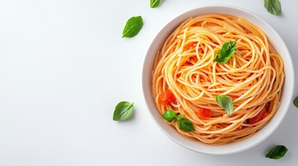 A bowl of spaghetti topped with fresh basil and tomatoes, presented on a clean, white background, highlighting its delicious simplicity.