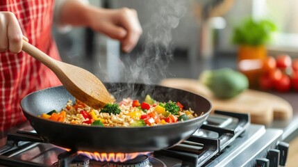 A person stirs colorful vegetables in a frying pan on a stove, with steam rising, creating a vibrant cooking scene.