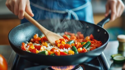 A person cooks colorful vegetables in a frying pan on a stove, creating a steamy and appetizing dish.
