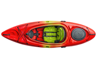 Red and lime-green kayak, top-down view.  Interior seat and storage visible