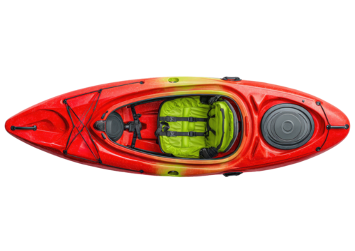 Red and lime-green kayak, top-down view.  Interior seat and storage visible