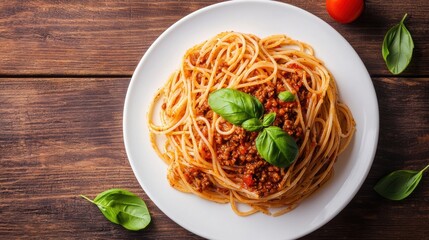 A delicious plate of spaghetti with meat sauce, garnished with fresh basil, served on a white plate against a rustic wooden background.