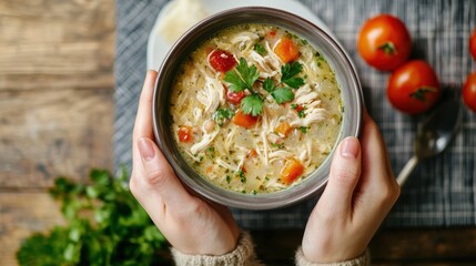 A cozy bowl of chicken soup garnished with herbs, held in hands, accompanied by fresh tomatoes, evoking warmth and comfort.