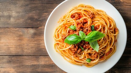 A delicious plate of spaghetti topped with a rich meat sauce and fresh basil leaves, served on a white plate against a rustic wooden background.