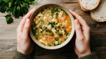 A cozy bowl of chicken soup garnished with fresh herbs, held in hands, accompanied by slices of bread on a rustic wooden table.