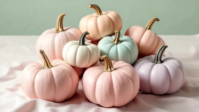 Stack of pastel-colored pumpkins in soft pink, lavender, mint, and cream tones arranged on a dusty pink linen cloth with gentle natural light