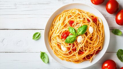 A delicious plate of spaghetti garnished with fresh basil, served with cherry tomatoes on a light wooden surface.