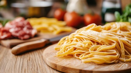 A close-up of fresh pasta on a wooden board, surrounded by ingredients like tomatoes and meat, showcasing an inviting culinary scene.