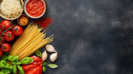 A vibrant array of pasta ingredients including tomatoes, garlic, basil, and sauces, perfect for Italian cuisine and cooking inspiration.