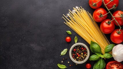 A vibrant arrangement of fresh tomatoes, spaghetti, garlic, and spices on a dark surface, perfect for cooking enthusiasts and Italian cuisine lovers.