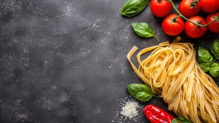 A vibrant arrangement of fresh tomatoes, basil, and fettuccine pasta on a dark background, perfect for a delicious Italian dish.