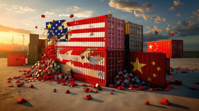 Crashed shipping containers with US and China flags at sunset, symbolizing escalating trade conflict