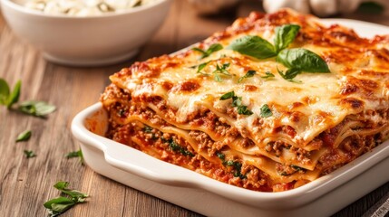 A delicious lasagna layered with meat, cheese, and herbs, served in a white dish on a wooden table, garnished with fresh basil.