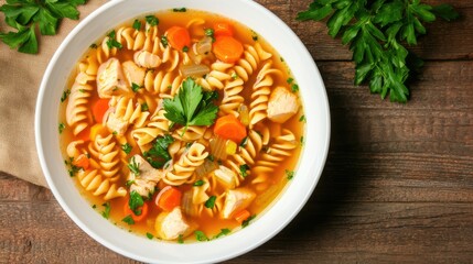 A warm bowl of chicken noodle soup with spiral pasta, vegetables, and fresh herbs, perfect for comfort food.