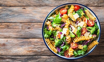 A colorful bowl of pasta salad featuring fusilli, cherry tomatoes, broccoli, and fresh greens on a rustic wooden table.